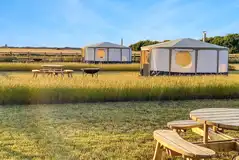 Yurts (dog friendly) with a picnic bench and fire pit at Walnut Farm