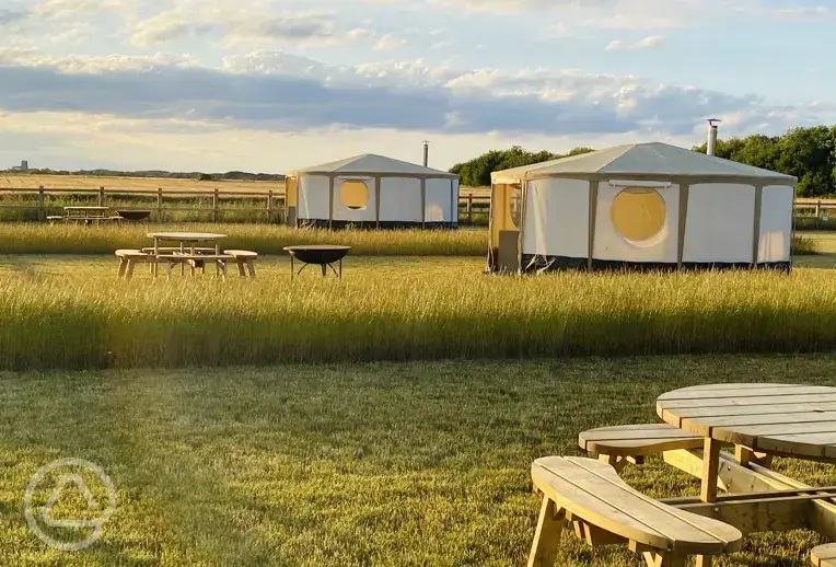 Yurts (dog friendly) with a picnic bench and fire pit at Walnut Farm