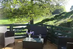 Shepherd's hut decking and outdoor seating