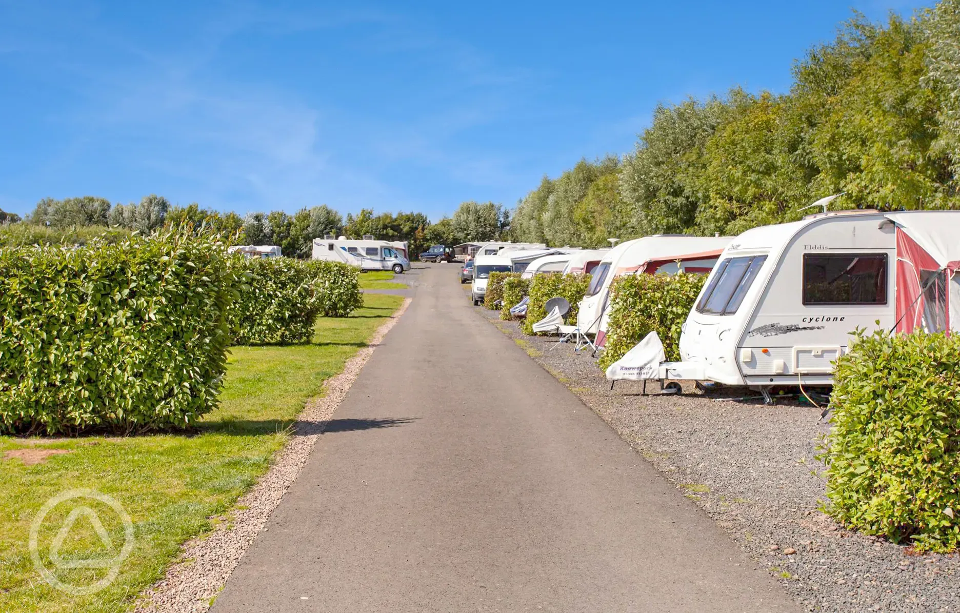 Tourers on electric hardstanding super pitches at Coldingham Bay