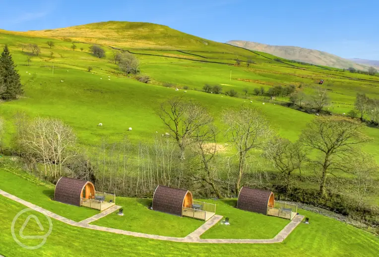 Aerial of the camping pods at Howgills Hideaway in the Yorkshire Dales
