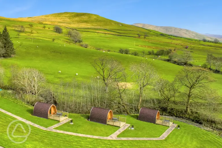 Aerial of the camping pods at Howgills Hideaway in the Yorkshire Dales