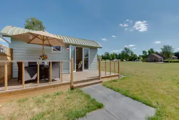 Family shepherds cabin terrace area