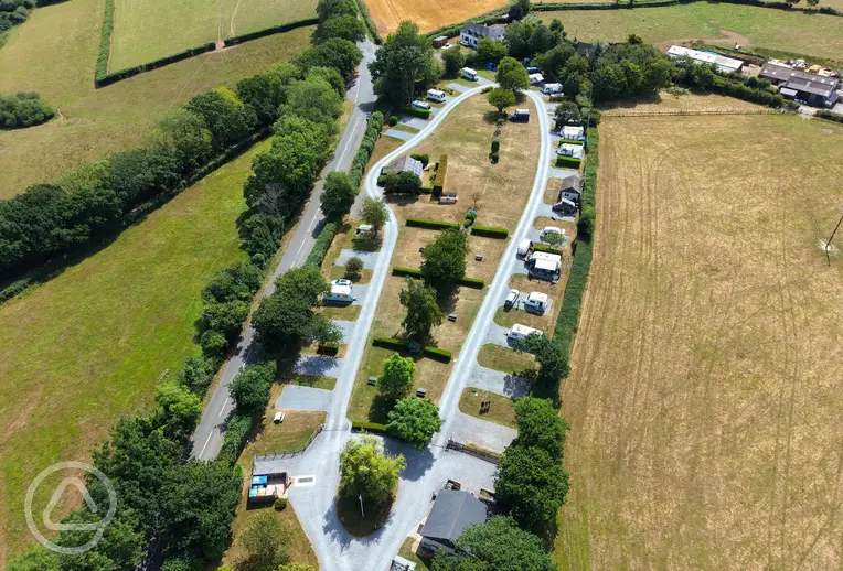 Barley Meadow Touring Park aerial of hardstanding and grass pitches
