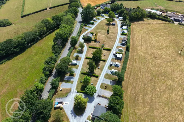 Barley Meadow Touring Park aerial of hardstanding and grass pitches