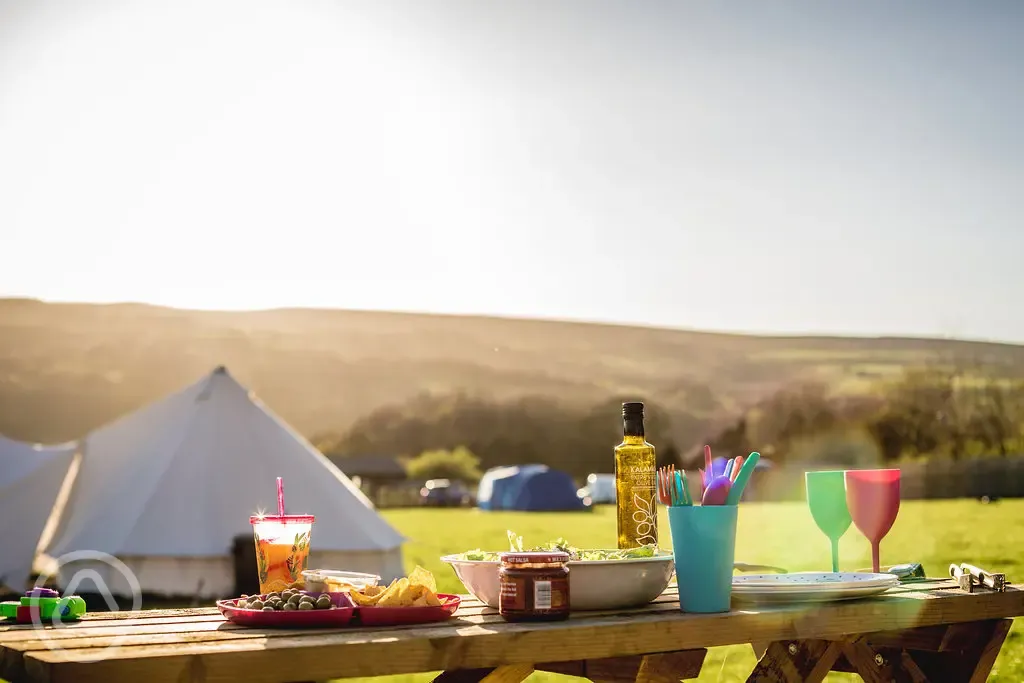 Bell tent in the sunshine at The Paddock