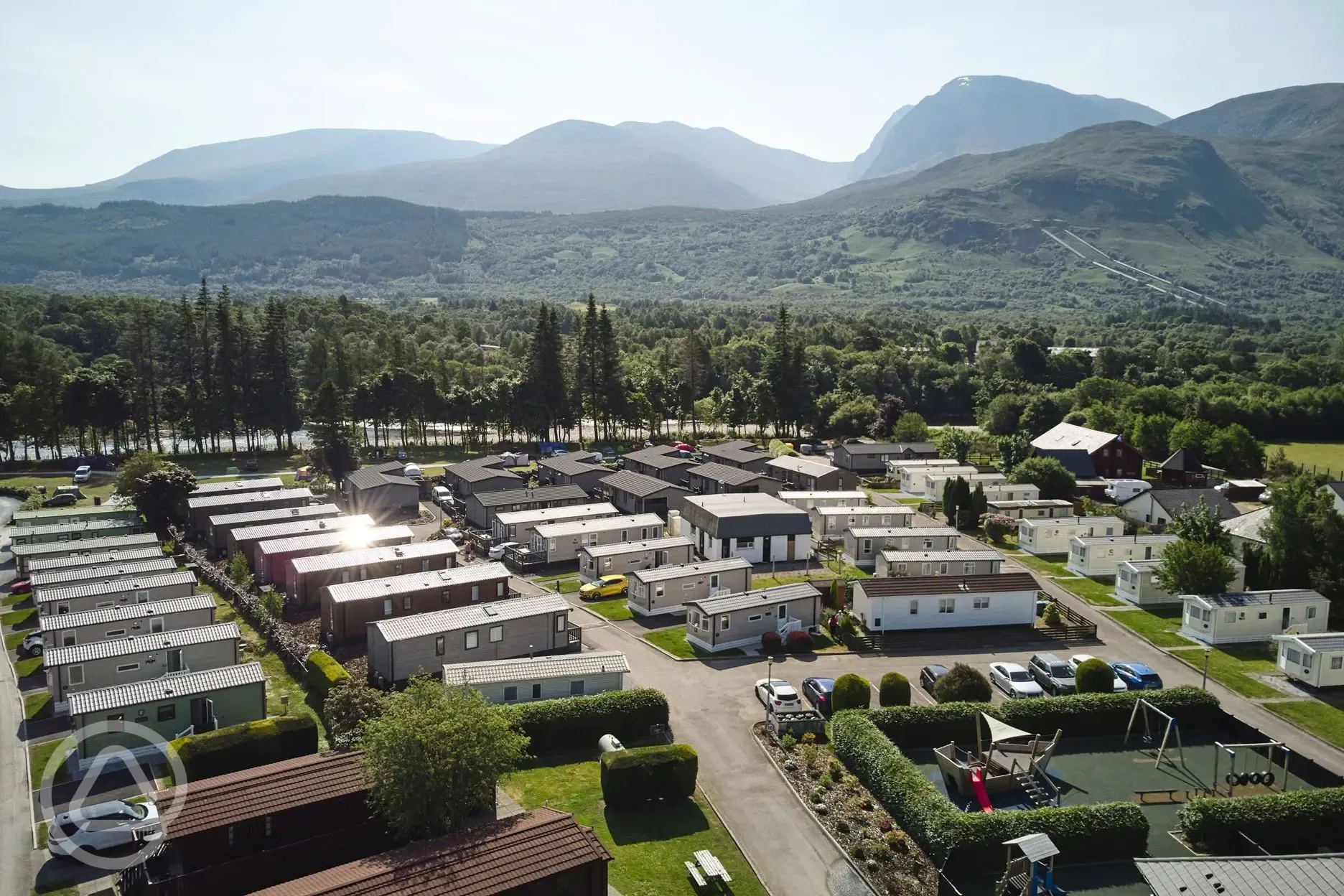 Aerial view of Ben Nevis Holiday Park and mountains