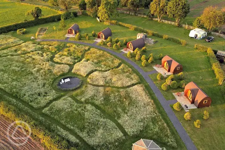 Aerial of the glamping pods