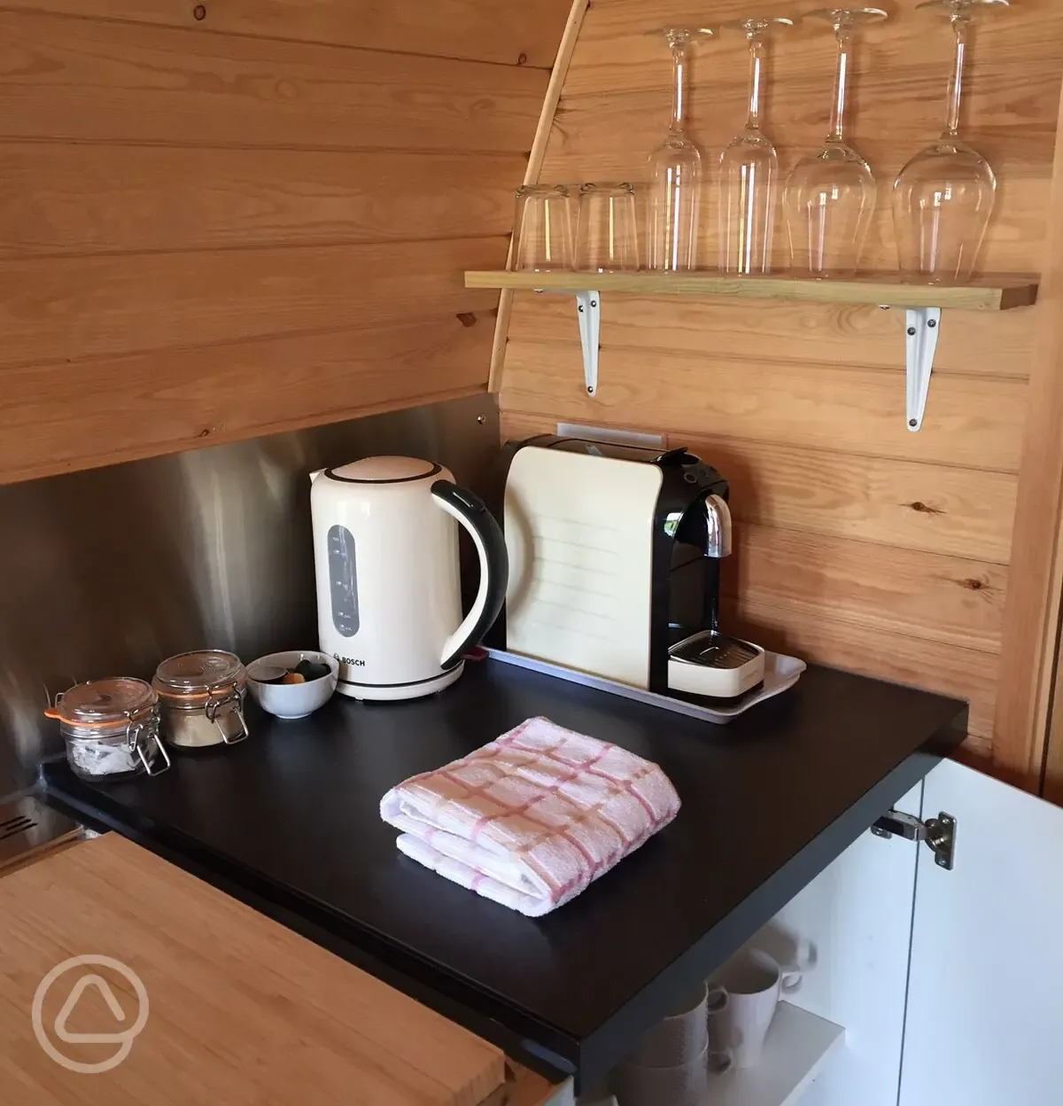 Adult only glamping pod kitchen area