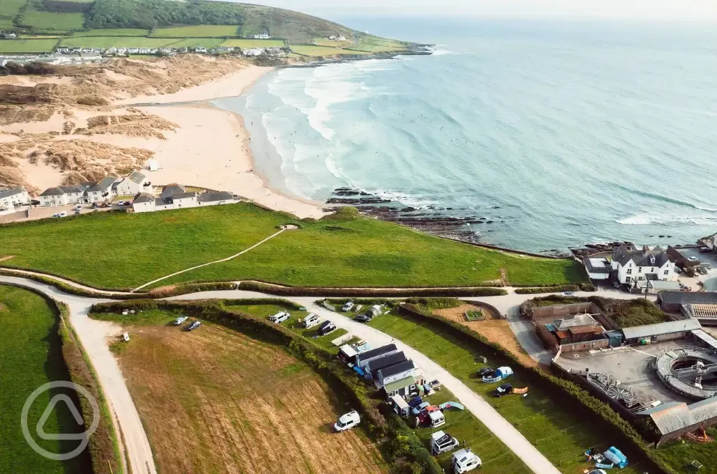 Aerial of Croyde Beach beside Ocean Pitch Campsite