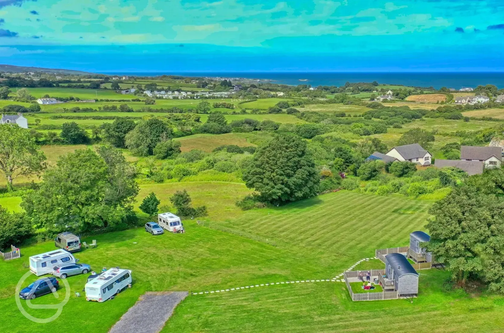 Aerial of the shepherd's huts and Sibrwd Y Ffair CL site