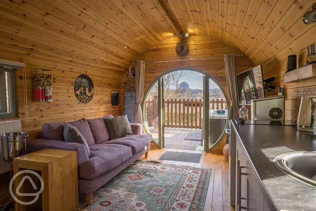 Suilven View ensuite glamping pod equipped kitchen and living room area Suilven View ensuite glamping pod equipped kitchen and living room area