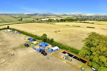 Aerial of the camping field at and play park at Buckland Campsite