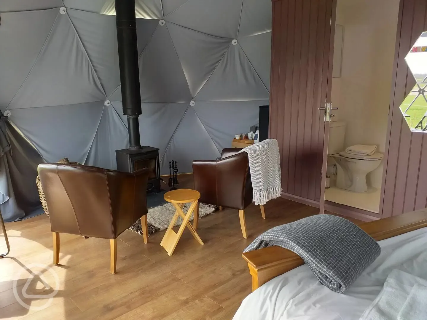 Glamping dome interior and ensuite