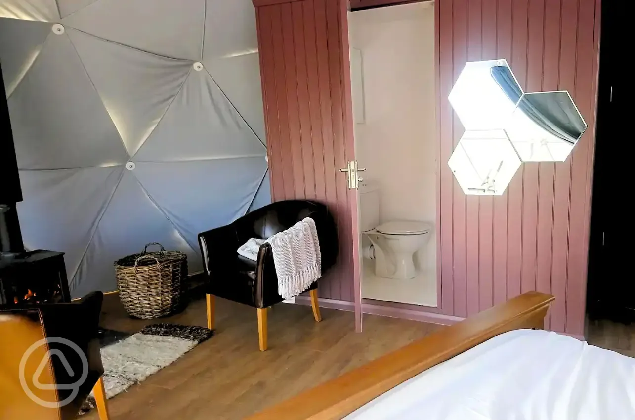 Glamping dome interior and ensuite