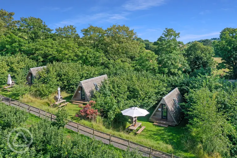 Converted chicken shed pods set amongst cob trees with outdoor seating
