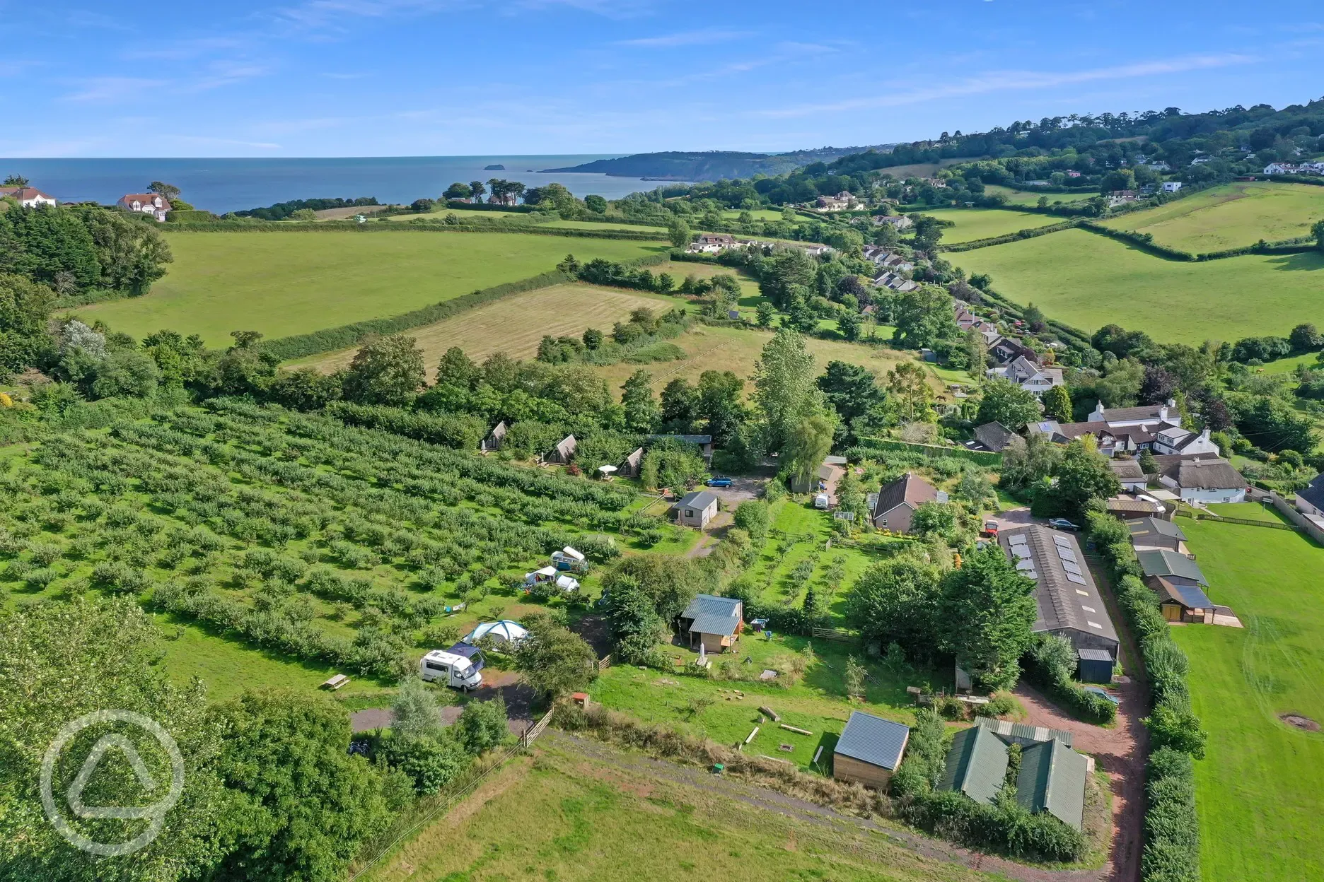 Aerial of the campsite with sea views