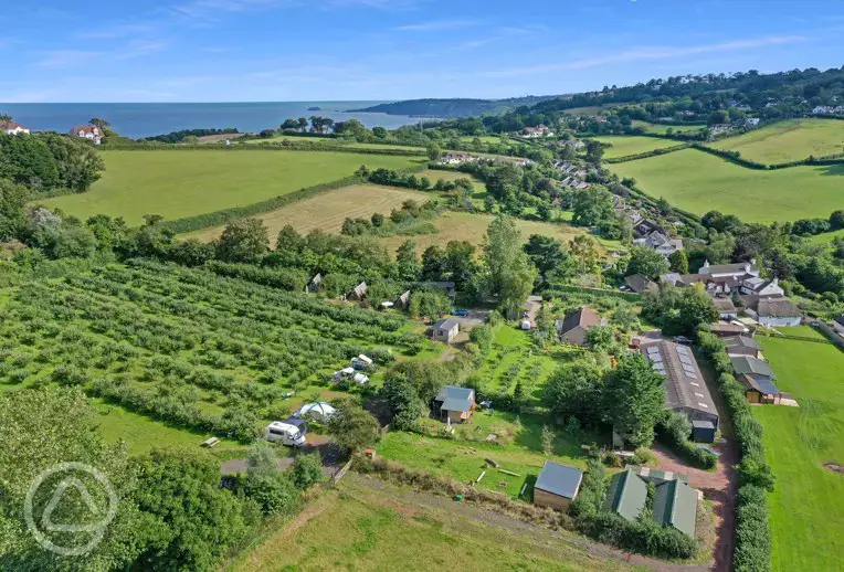 Aerial of the campsite with sea views