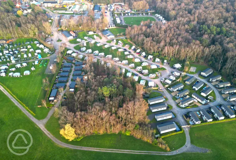 Aerial of Blakemere Holiday Park in Cheshire, surrounded by woodlands