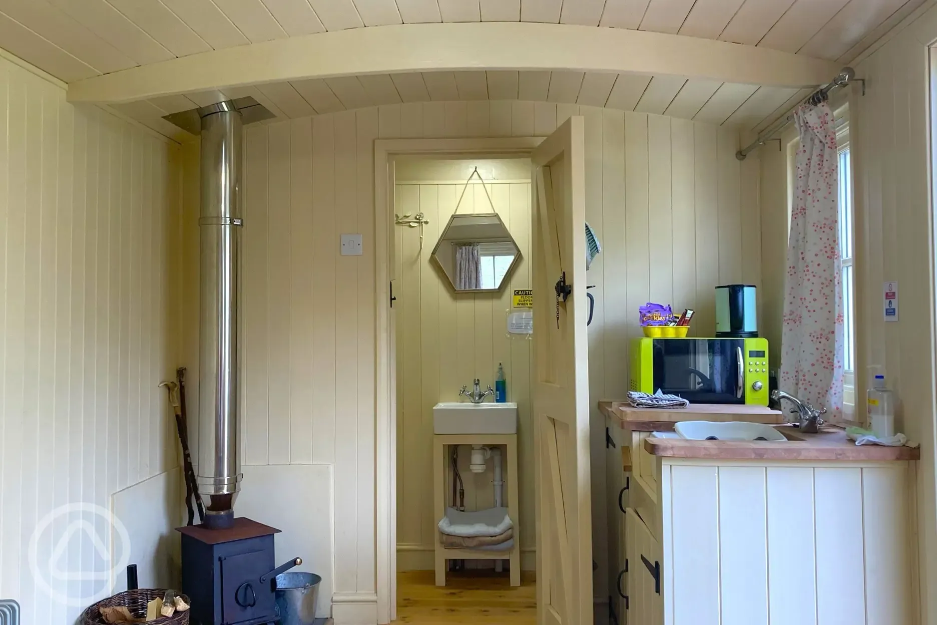 Shepherd's hut interior and ensuite