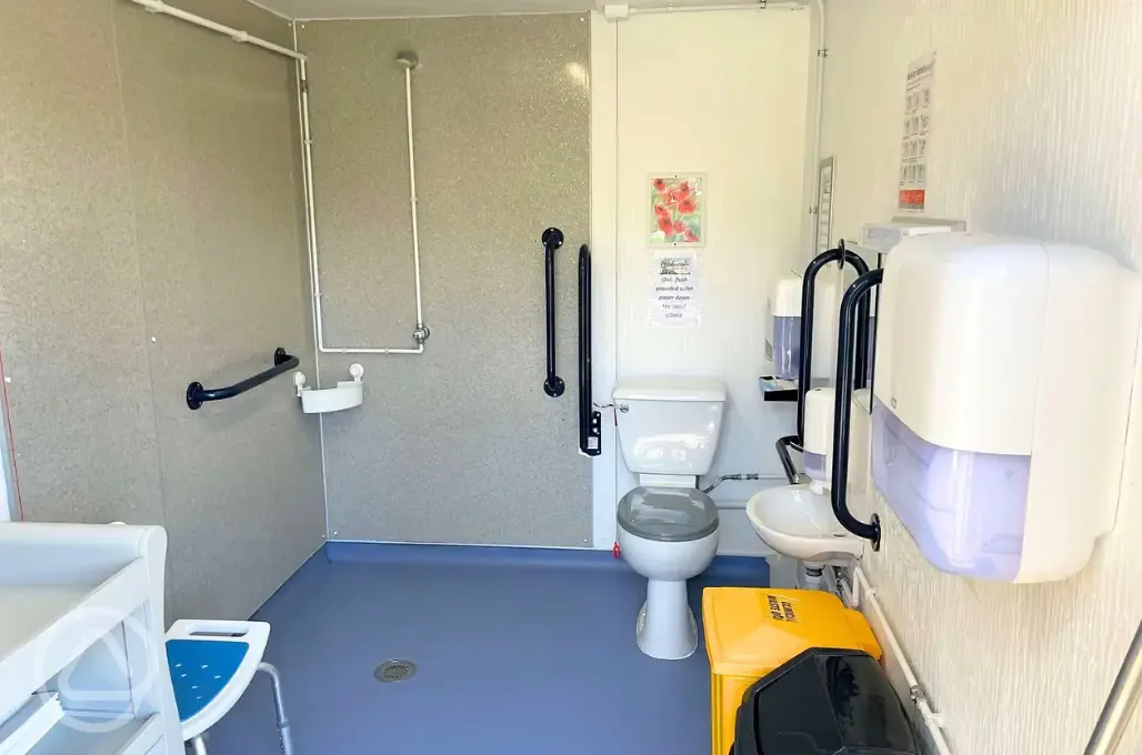 Accessible bathroom with seating, grab rails, and a shower