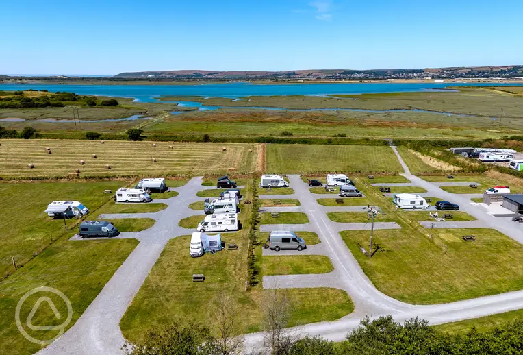 Aerial of Tarka Trail Camping by the River Taw and RSPB Isley Marsh
