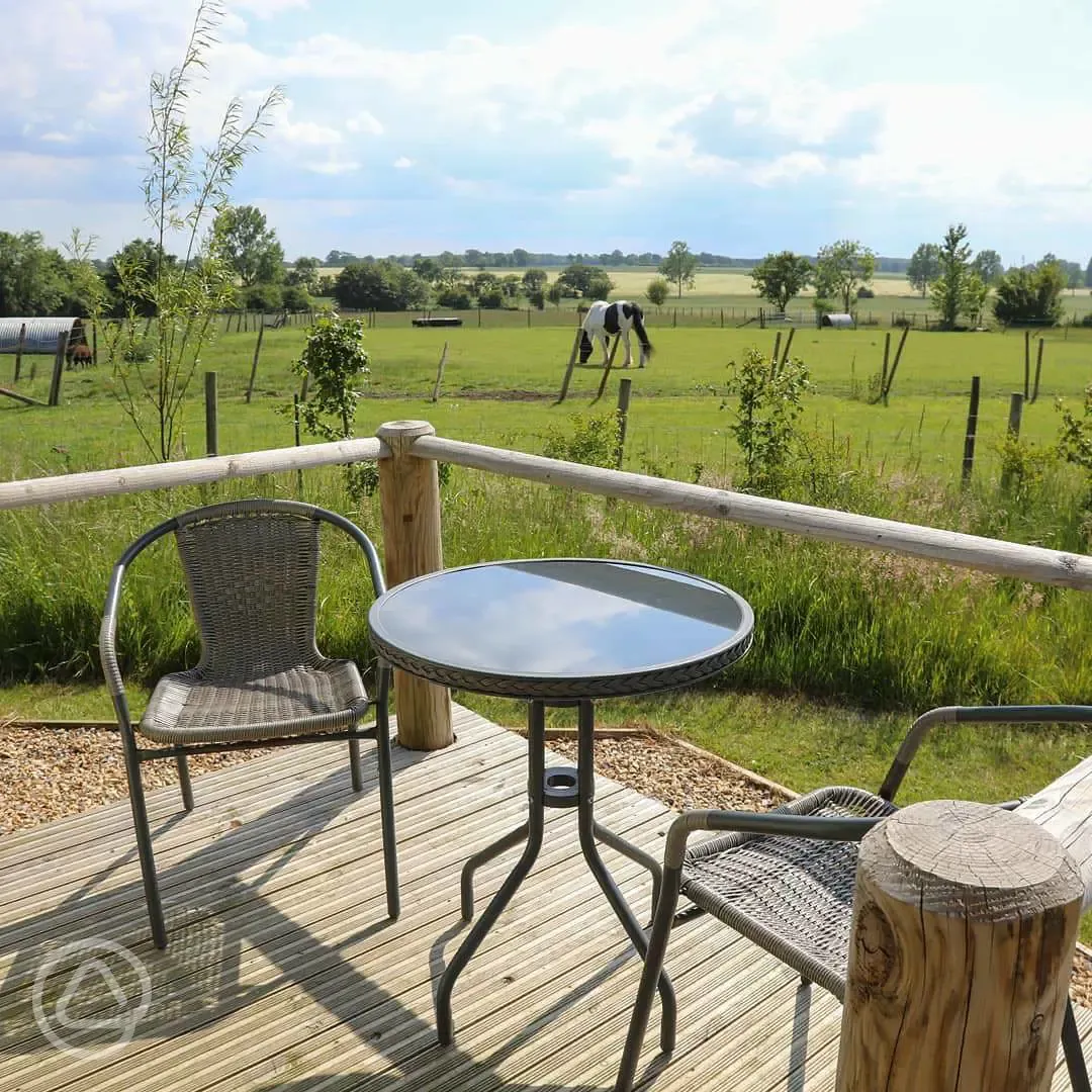 Shepherd's hut outdoor seating area 