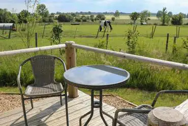 Shepherd's hut outdoor seating area 