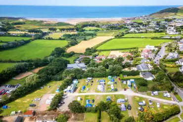 Aerial of Camping @ Croyde Bay with distant views of the Devon coast