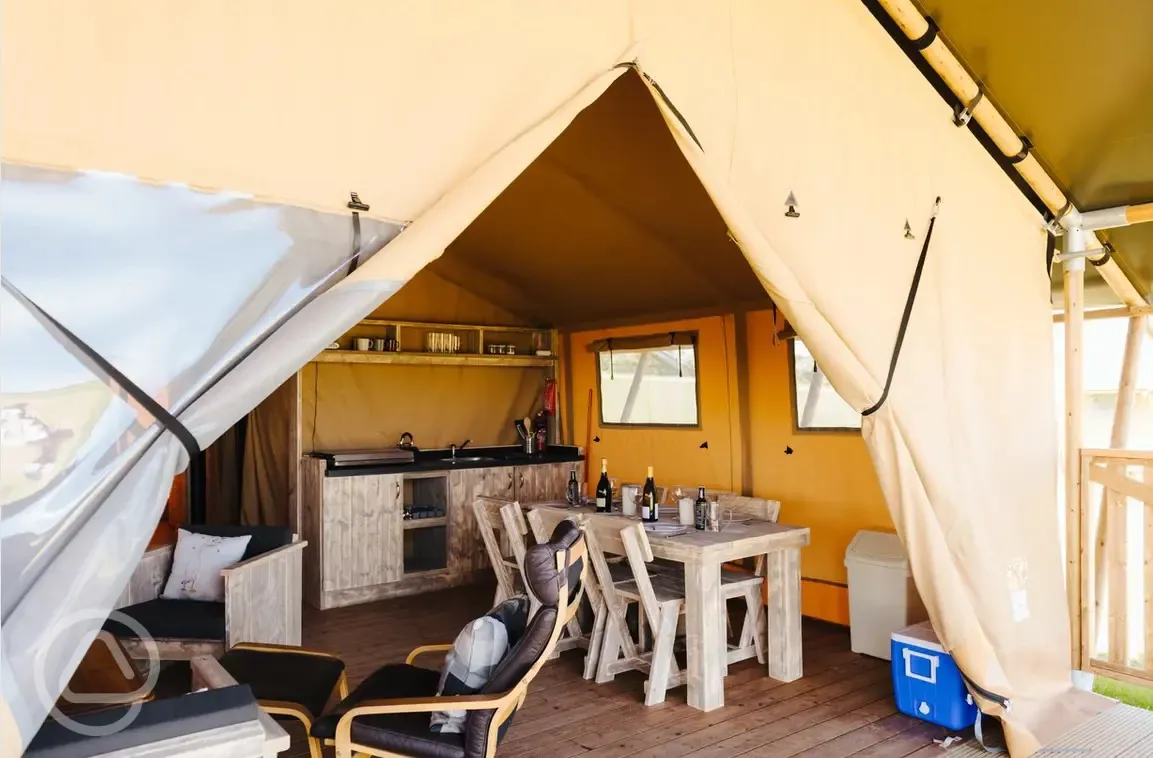 Safari tent kitchen and dining area