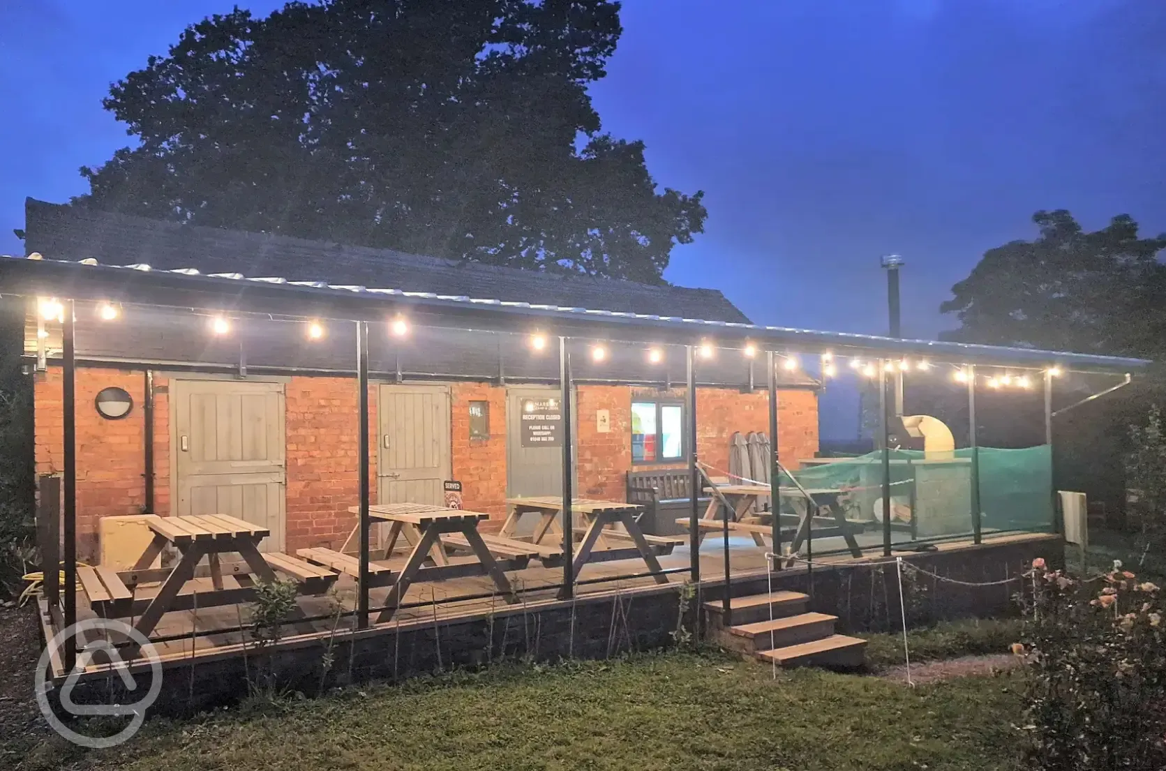 Outdoor seating area at night