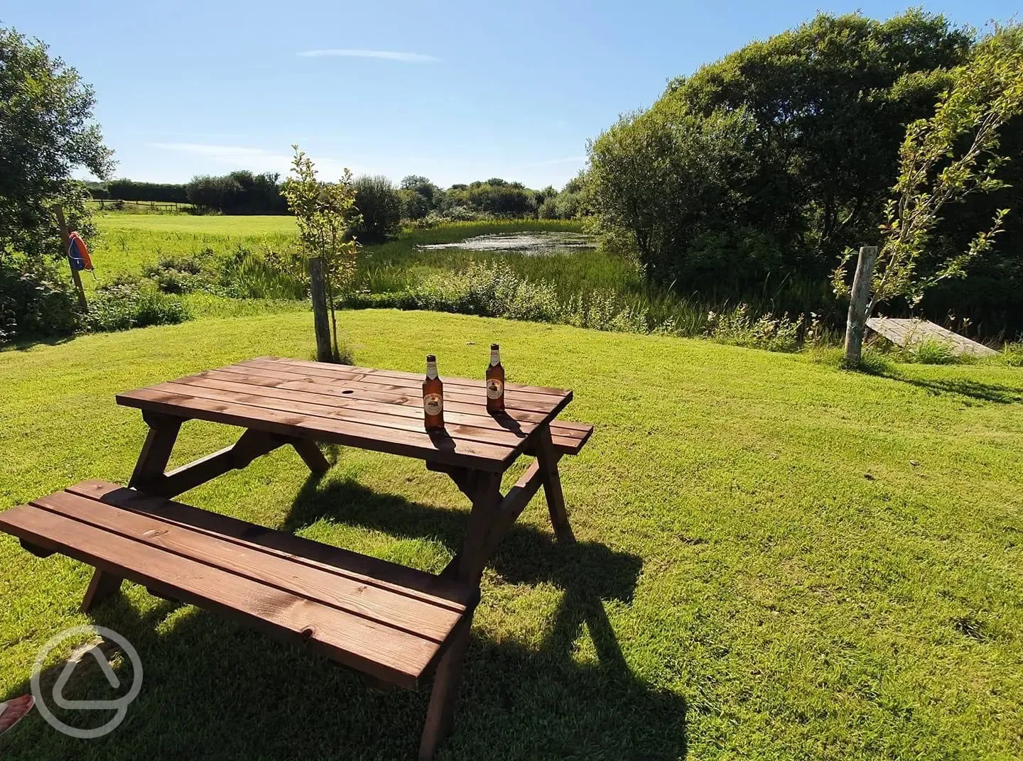 Picnic benches by the pond