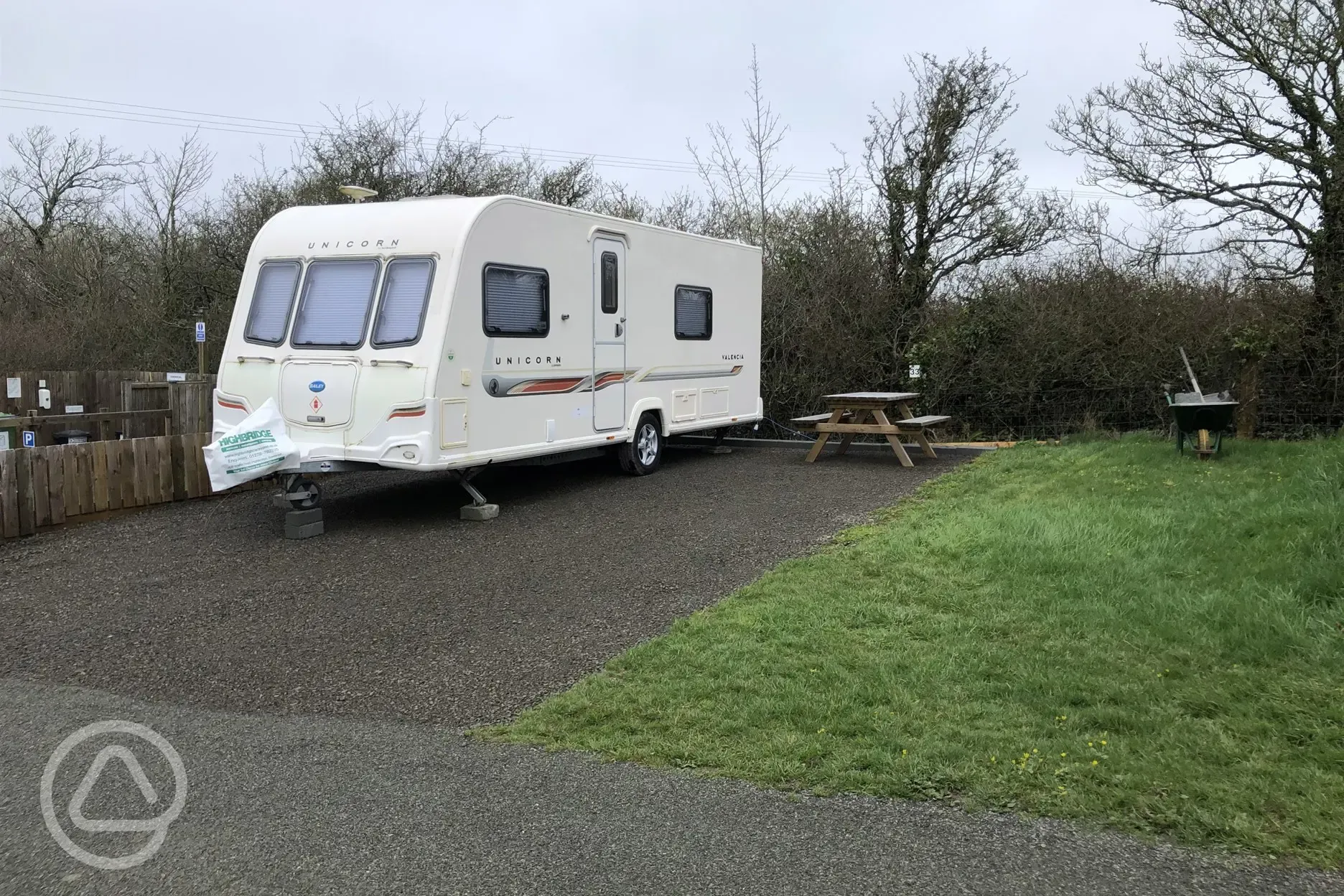 Fully serviced Abermawr Sunset pitches. Very spacious with picnic bench.