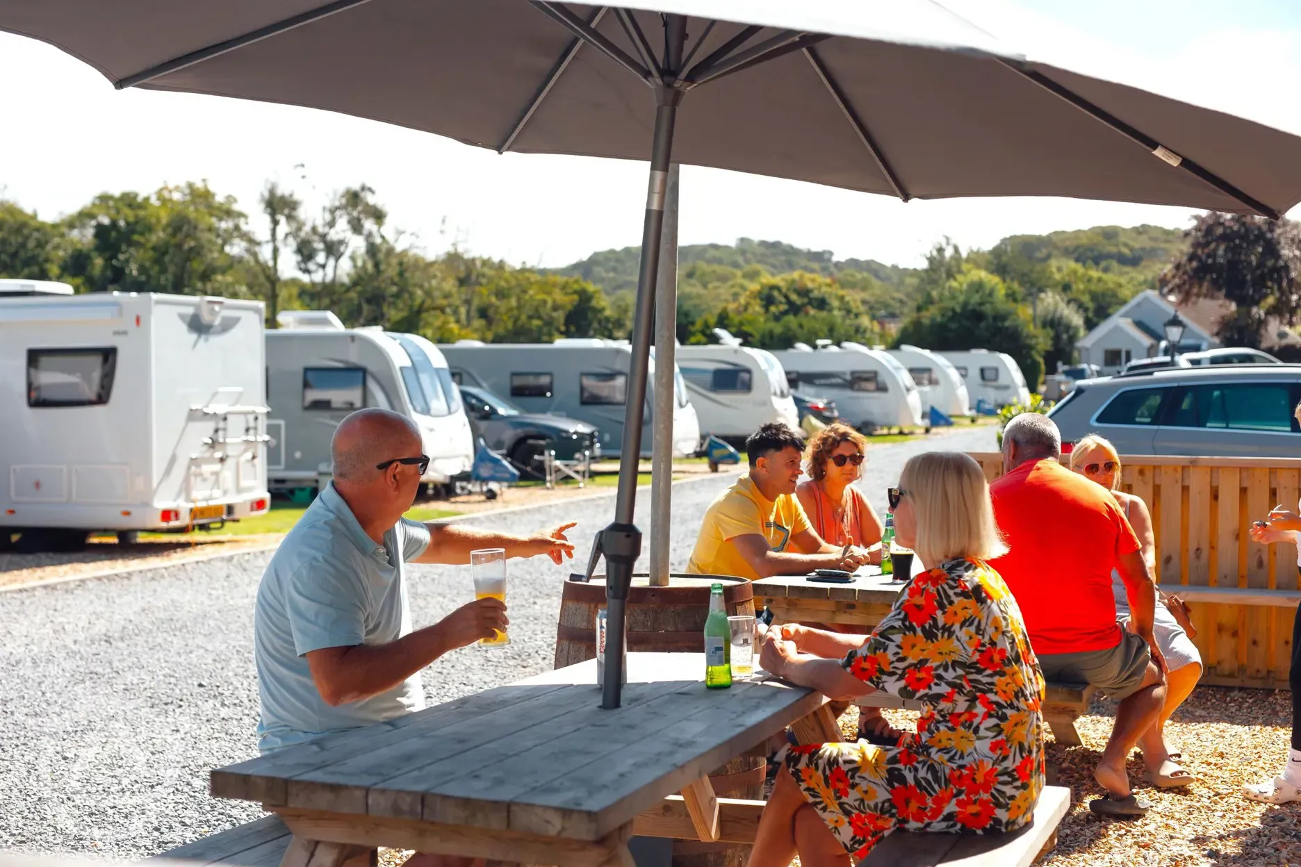 Bar seating outside with umbrellas