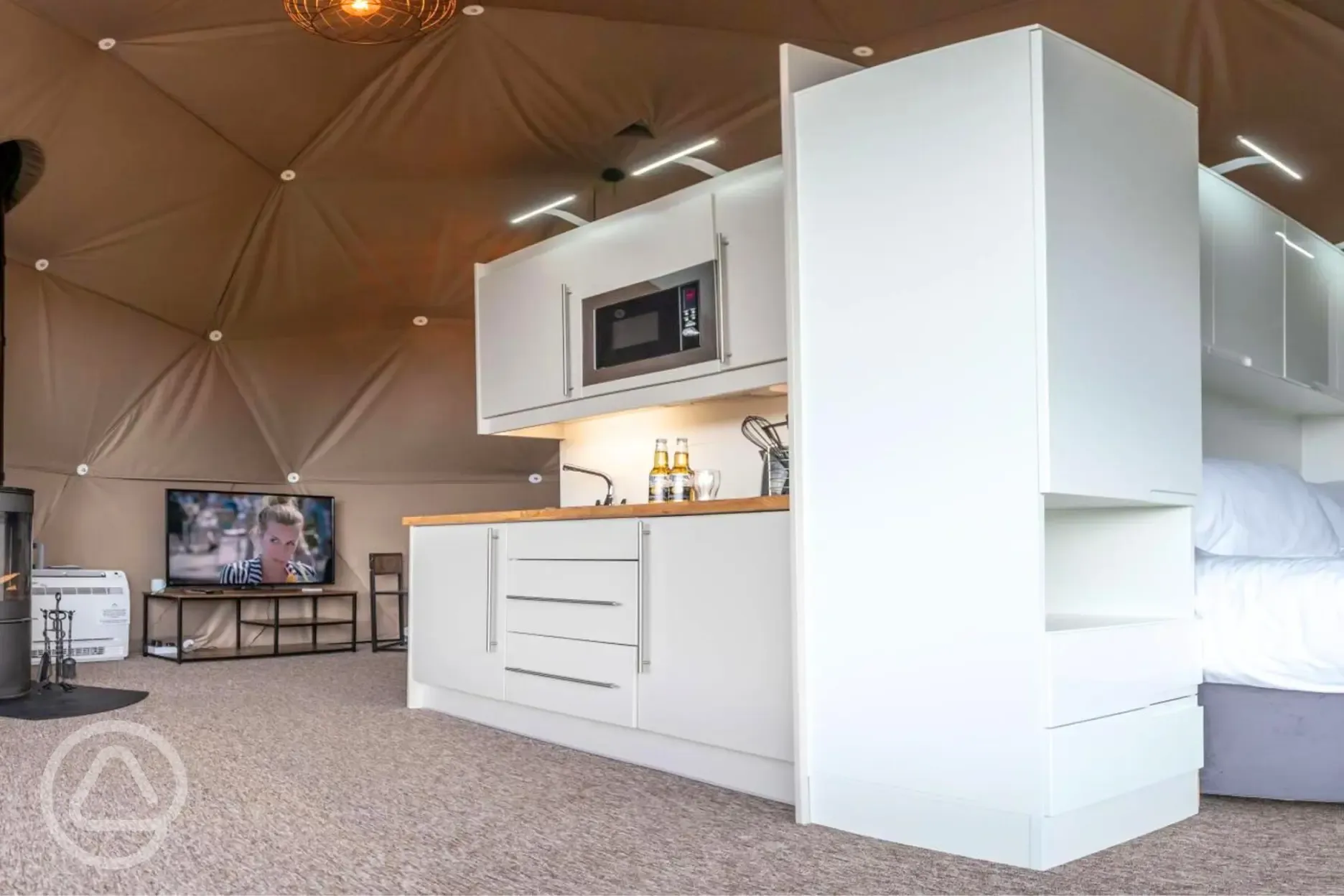 Geodome kitchenette and TV
