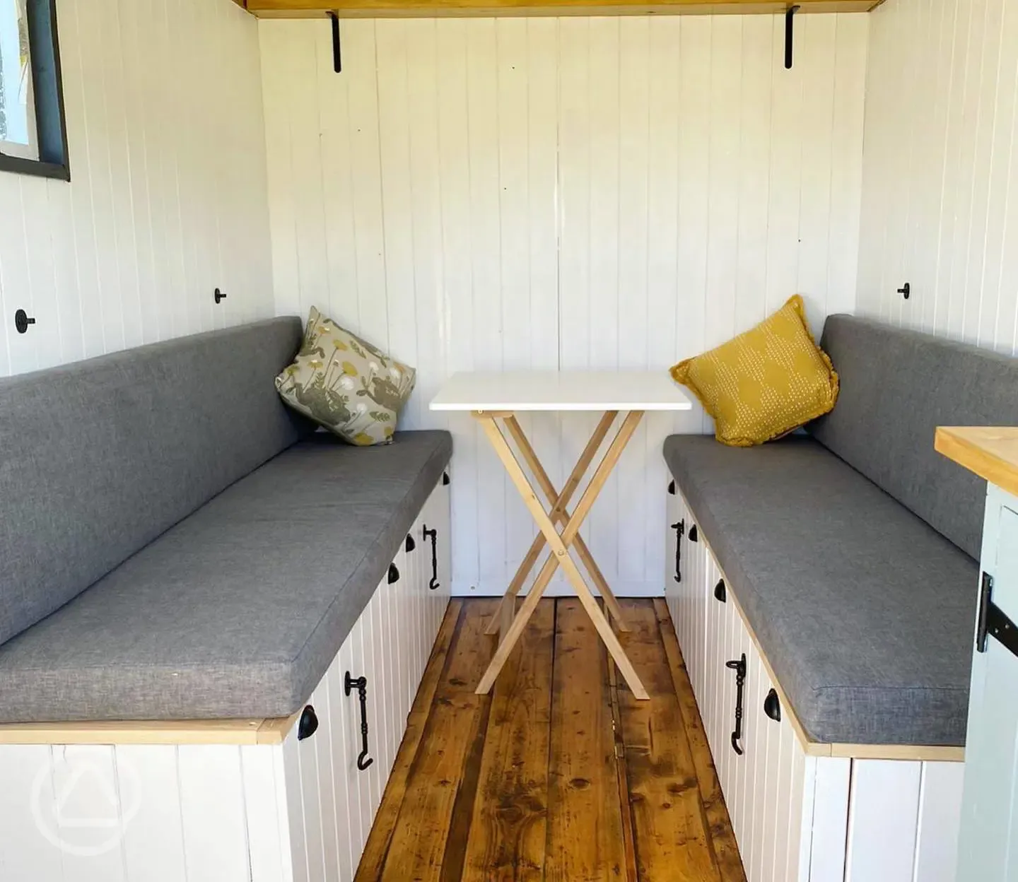 Shepherd's hut seating area