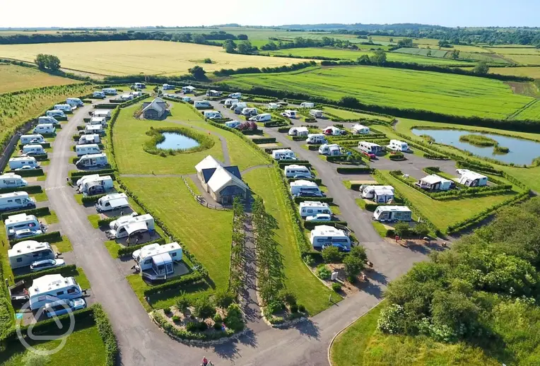 Aerial of the Southern Meadow area with two fishing ponds at Eye Kettleby Lakes