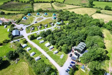 Aerial of Ysgubor Fadog Caravan Site and neighbouring glamping site