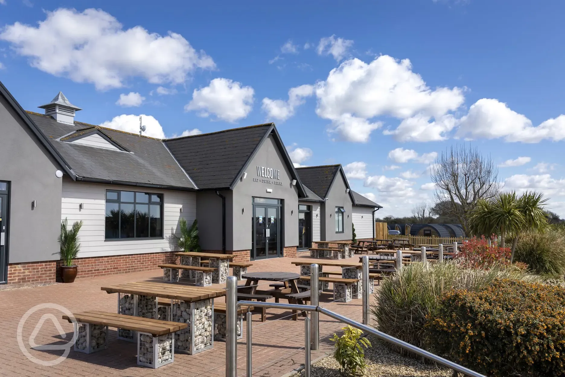 Onsite bar and restaurant with outdoor seating