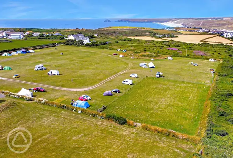 Aerial of Anchor Barrow Campsite with views to Perranporth and the coast
