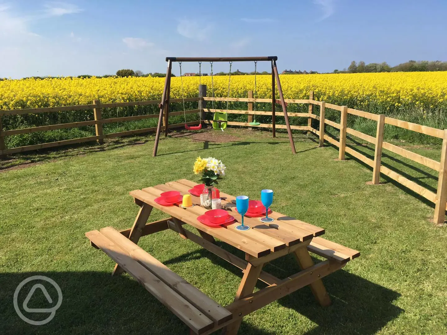 Swing set and picnic bench