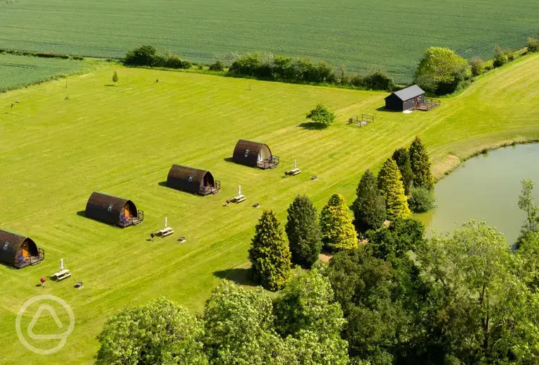 Aerial of the pods and fishing lake