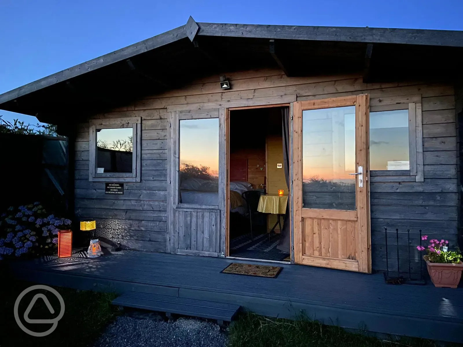 Glamping hut at sunset