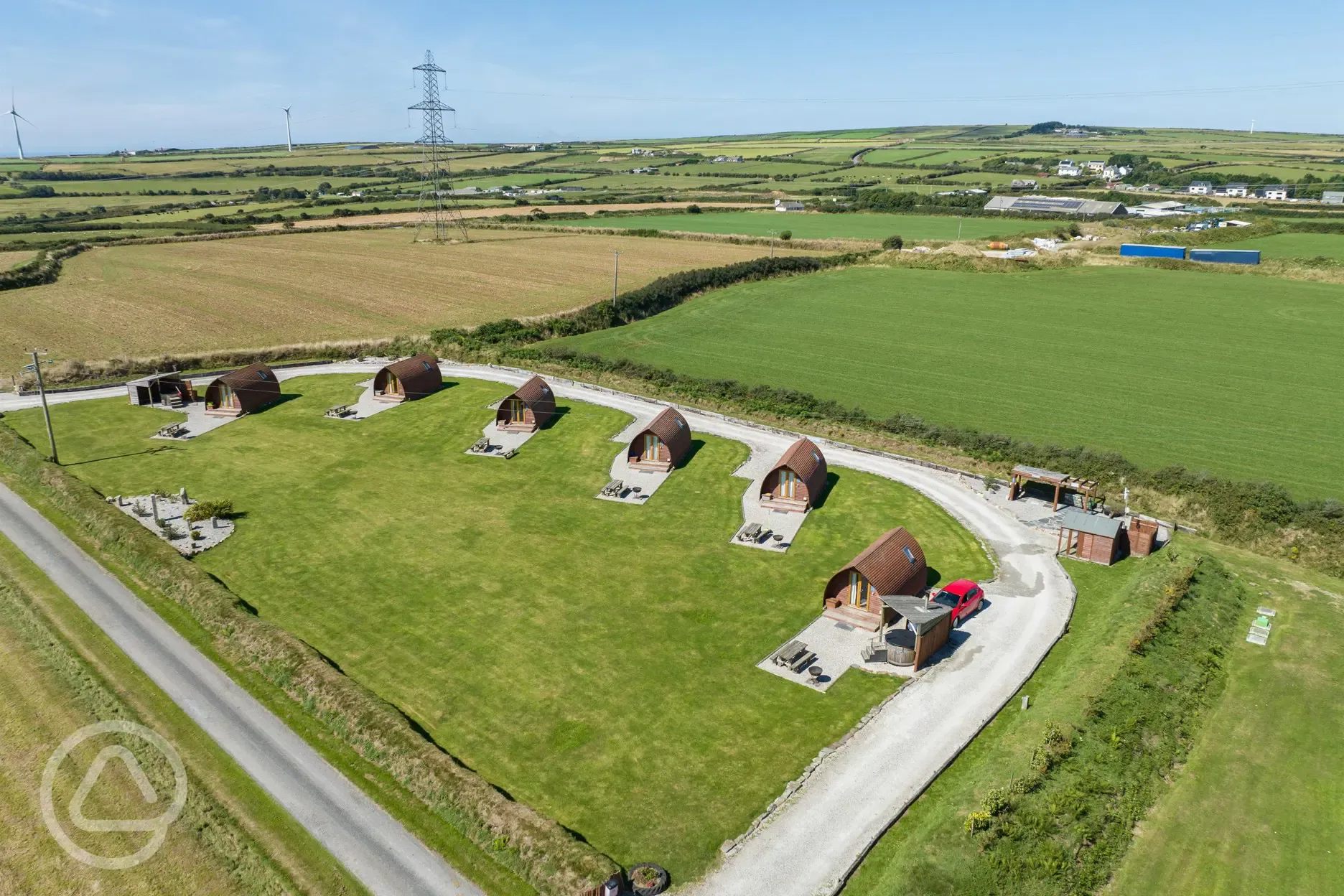 Aerial of the Wigwam pods and countryside