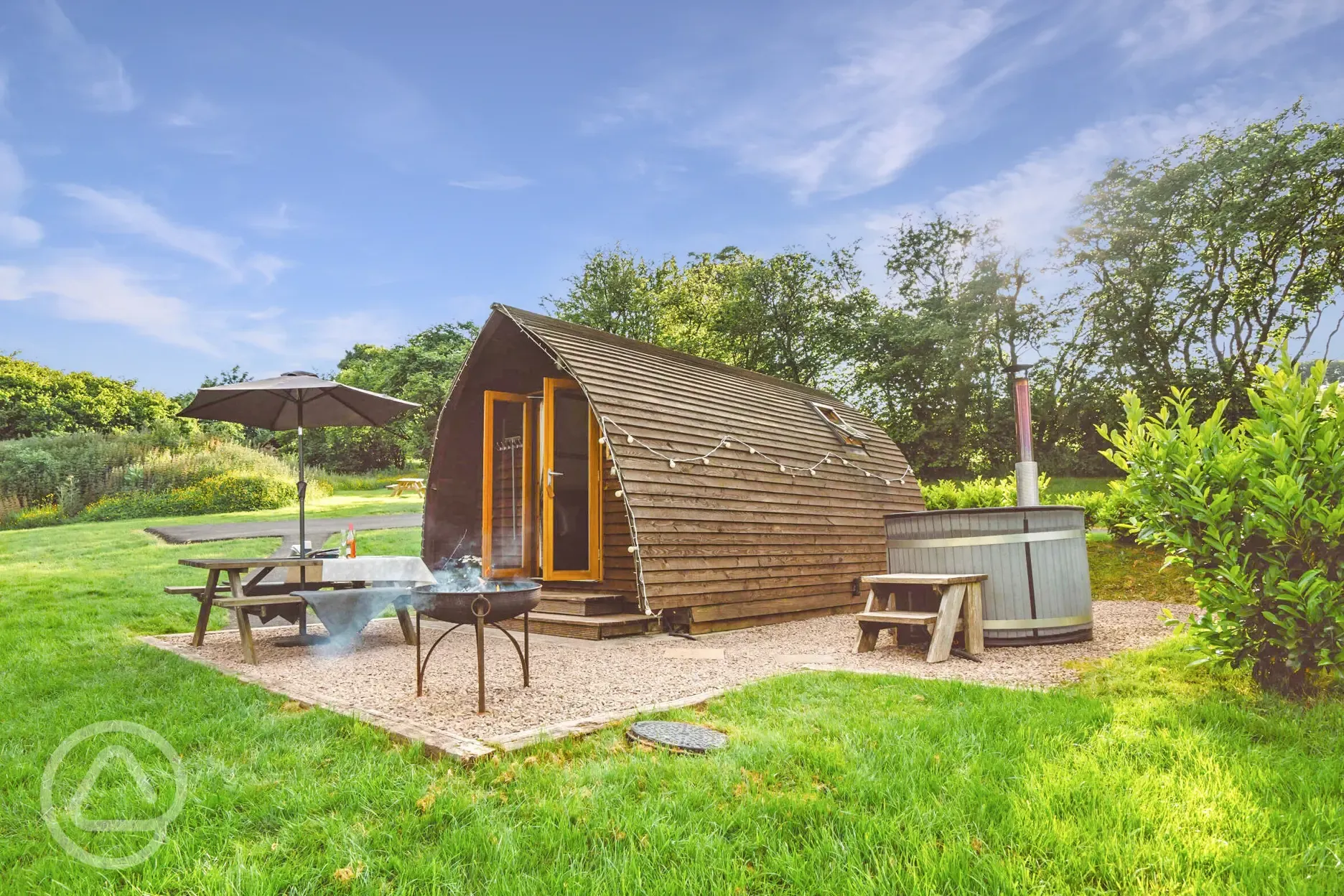 Wigwam pod with hot tub