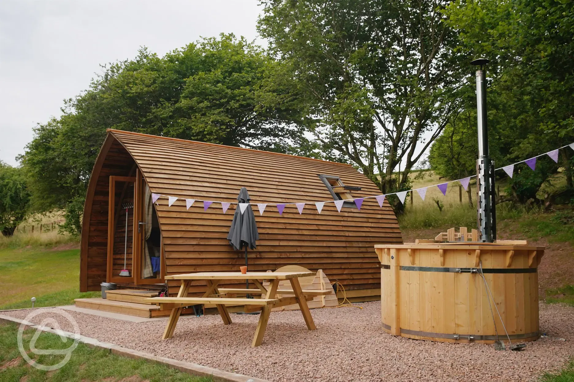 Wigwam pod with hot tub