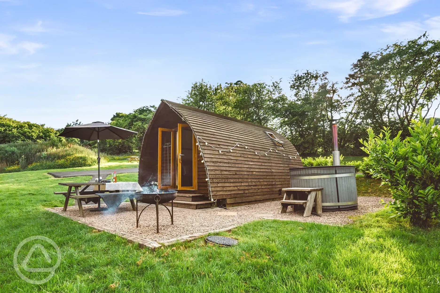 Wigwam pod with hot tub