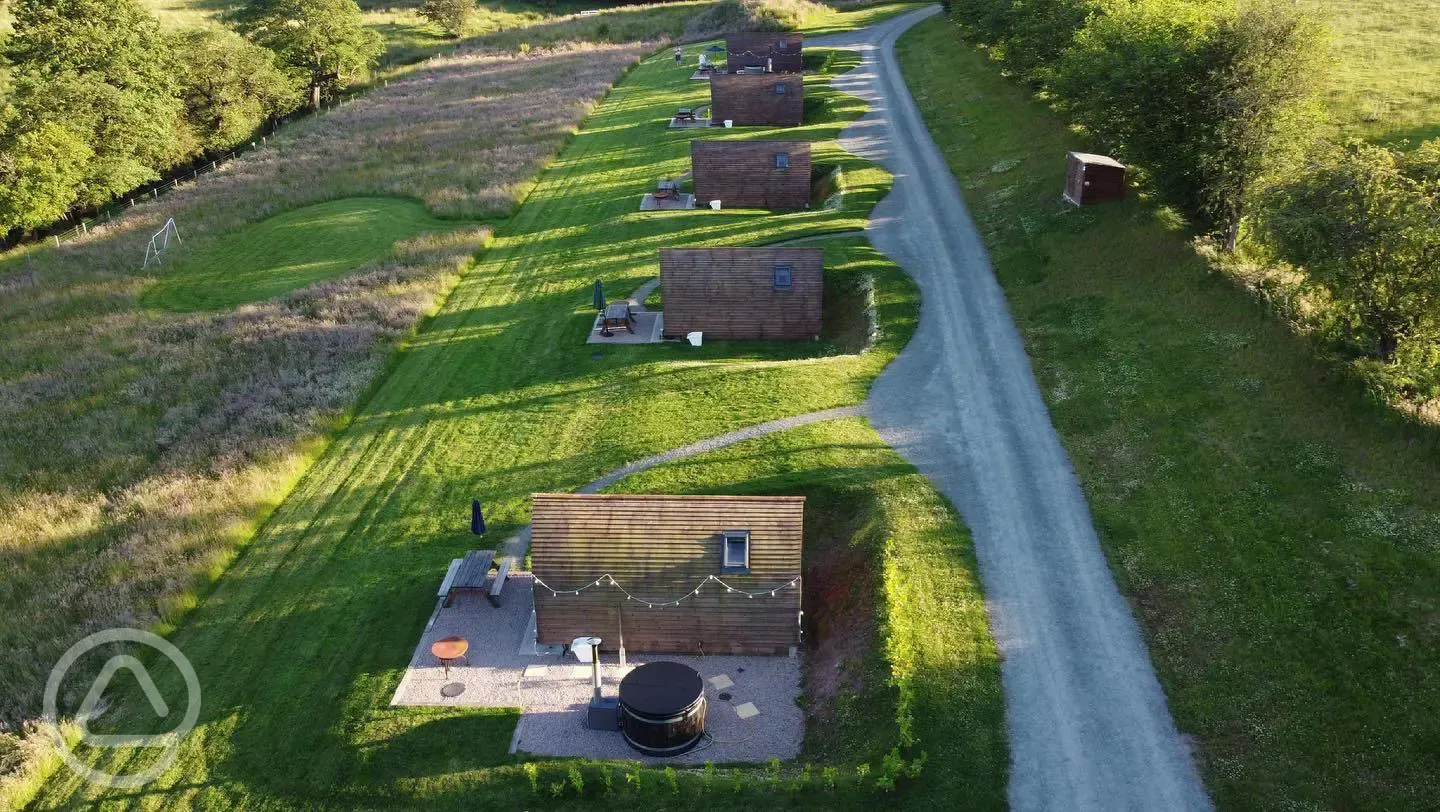 Aerial of the glamping pods