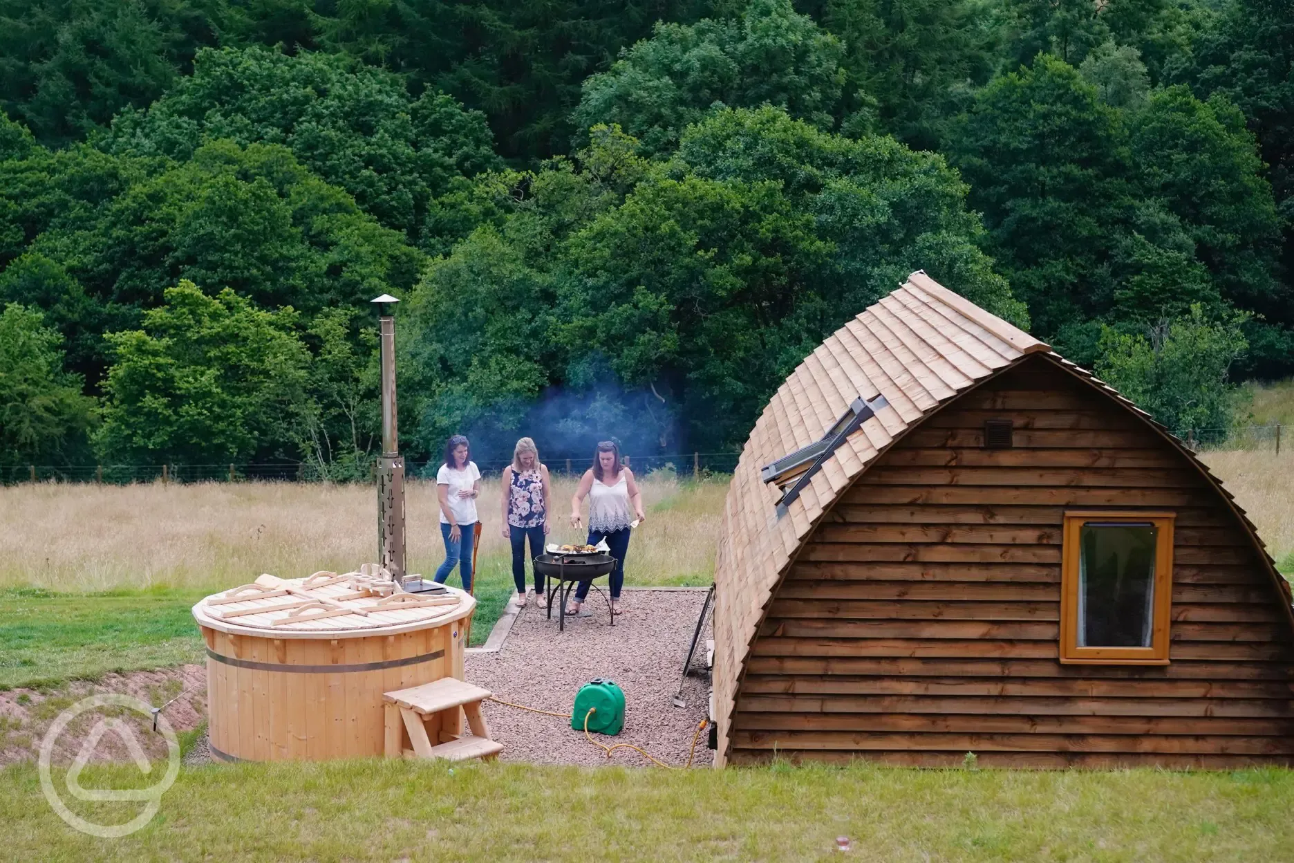 Wigwam pod with hot tub