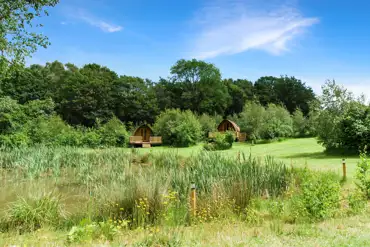 Wigwam pods with the wildlife pond